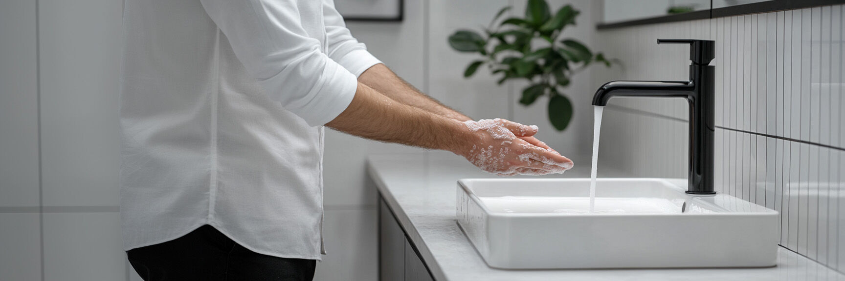 un uomo si lava le mani in un bagno pubblico