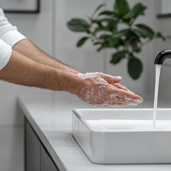 Frischer Duft fürs stille Örtchen  mann wäscht hände in öffentlichem bad