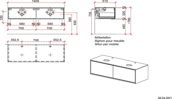 M&ouml;belunterbau 140,5 cm / Korpus weiss matt bergl&auml;rche braun image number 1