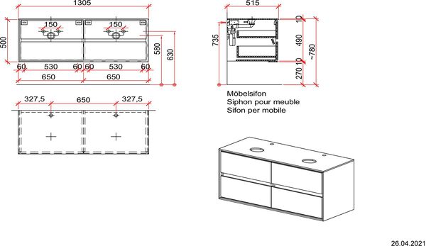 M&ouml;belunterbau 130,5 cm / Korpus weiss hochglanz bergl&auml;rche image number 1