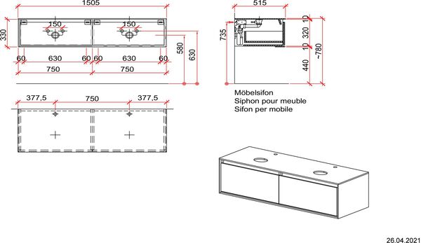 M&ouml;belunterbau 150,5 cm / Korpus weiss hochglanz bergl&auml;rche image number 1
