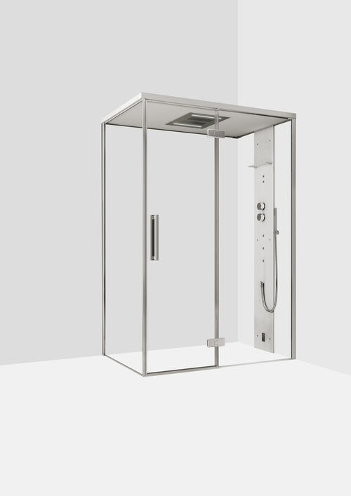 Douche &agrave; vapeur Ronal Mimesi Argent brillant Panneau avant Hardlite blanc mat avec tablette