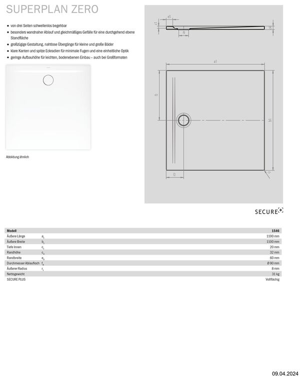 Receveur de douche Kaldewei Superplan Zero Blanc mat Fond antid&eacute;rapant Secure Plus image number 1