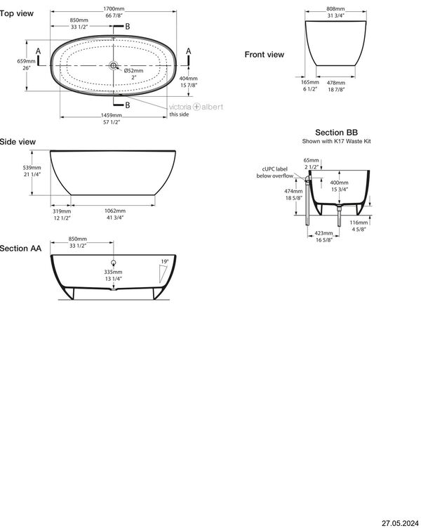Badewanne Victoria + Albert Barcelona 1700 - freistehend weiss image number 1