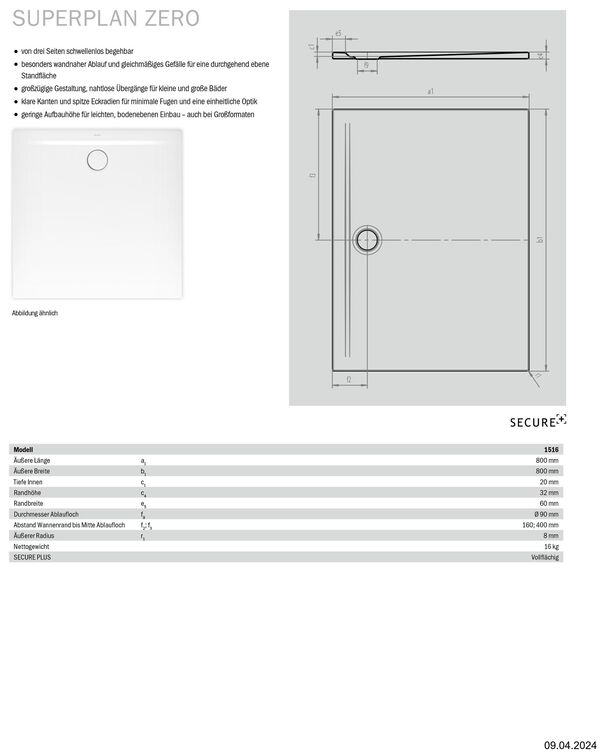 Receveur de douche Kaldewei Superplan Zero 80 x 80 cm Blanc Cleaneffekt image number 1