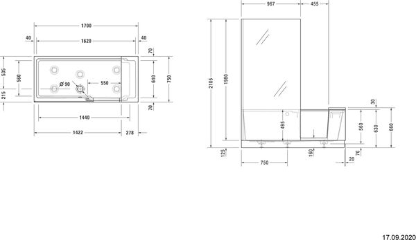 Badewanne Duravit Shower + Bath, Nischenversion, Glas links weiss Echtglas klar image number 1