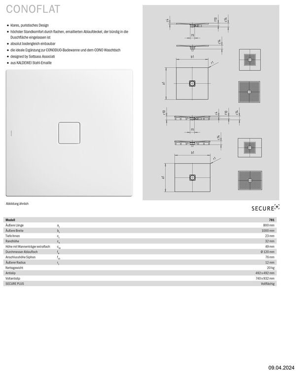 Duschenwanne Kaldewei Conoflat weiss Gleitschutz Invisible Grip image number 1
