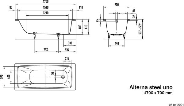 Baignoire Alterna steel uno 170 x 70 cm Blanc image number 2