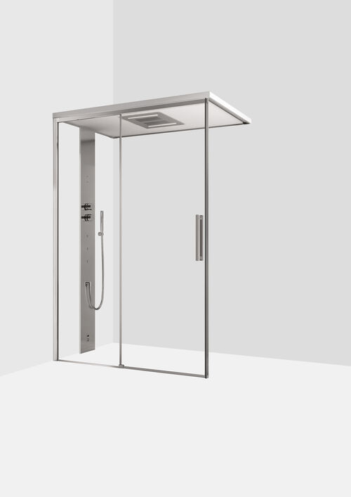 Douche &agrave; vapeur Ronal Mimesi-S Argent brillant Panneau avant Hardlite blanc mat avec tablette