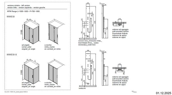Douche &agrave; vapeur Ronal Mimesi Argent brillant Panneau avant Hardlite blanc mat avec tablette image number 1