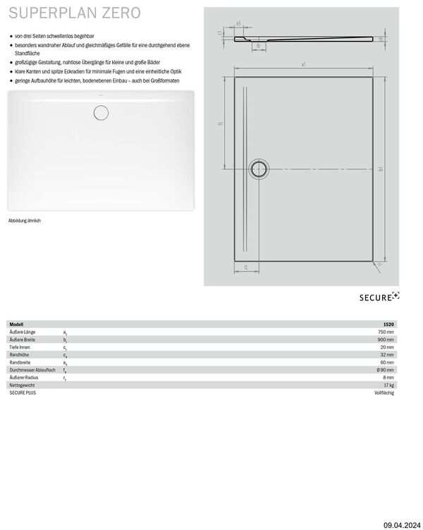 Receveur de douche Kaldewei Superplan Zero Blanc Fond antid&eacute;rapant Invisible Grip image number 1