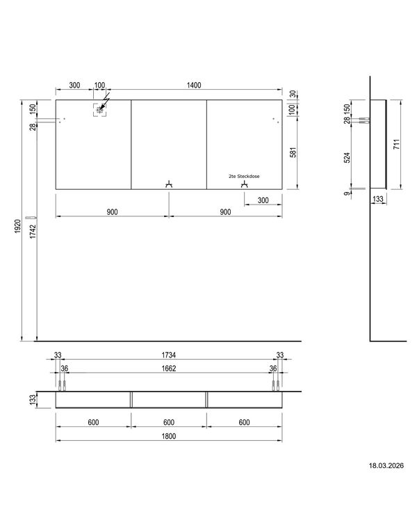 Armoire de toilette Alterna luuna LED plus avec &eacute;clairage inf&eacute;rieur/sup&eacute;rieur Lava grey Couleur de lumi&egrave;re r&eacute;glable en continu 2700-6500 K image number 1