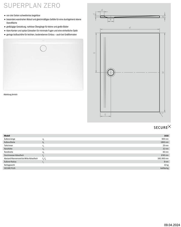 Duschwanne Kaldewei Superplan Zero Weiss Gleitschutz Invisible Grip image number 1