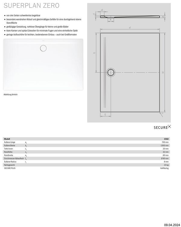 Receveur de douche Kaldewei Superplan Zero Blanc Cleaneffekt image number 1