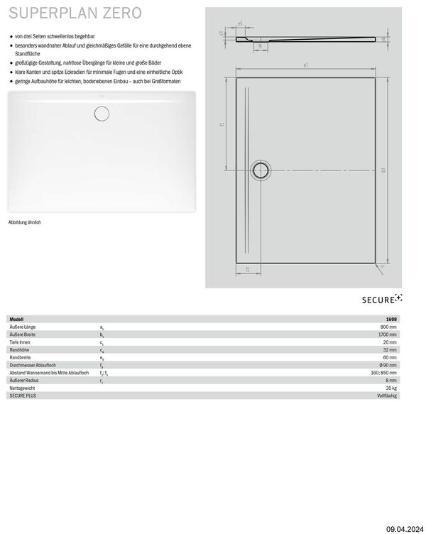 Receveur de douche Kaldewei Superplan Zero Blanc Cleaneffekt image number 1