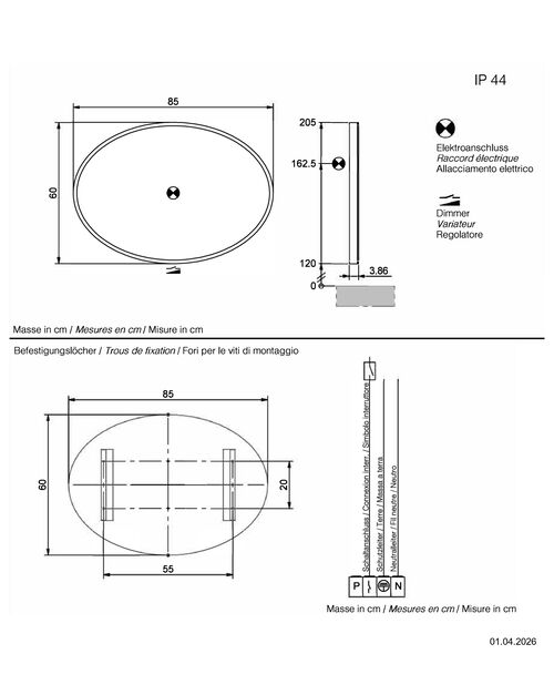 Miroir lumineux Sidler Eliss TW Acier inoxydable bross&eacute; Couleur de lumi&egrave;re r&eacute;glable en continu 2000-6500 K
